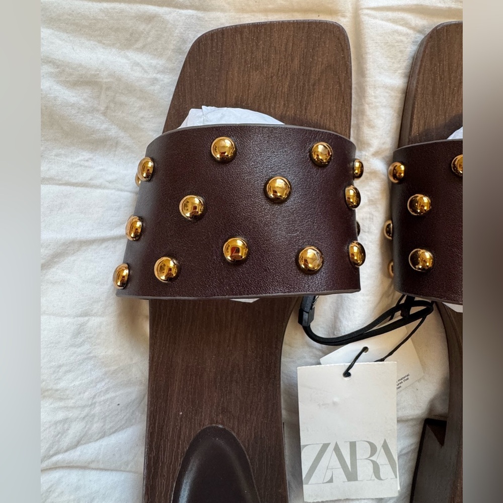 ZARA Studded Leather Heeled Sandals - Picture 2 of 9